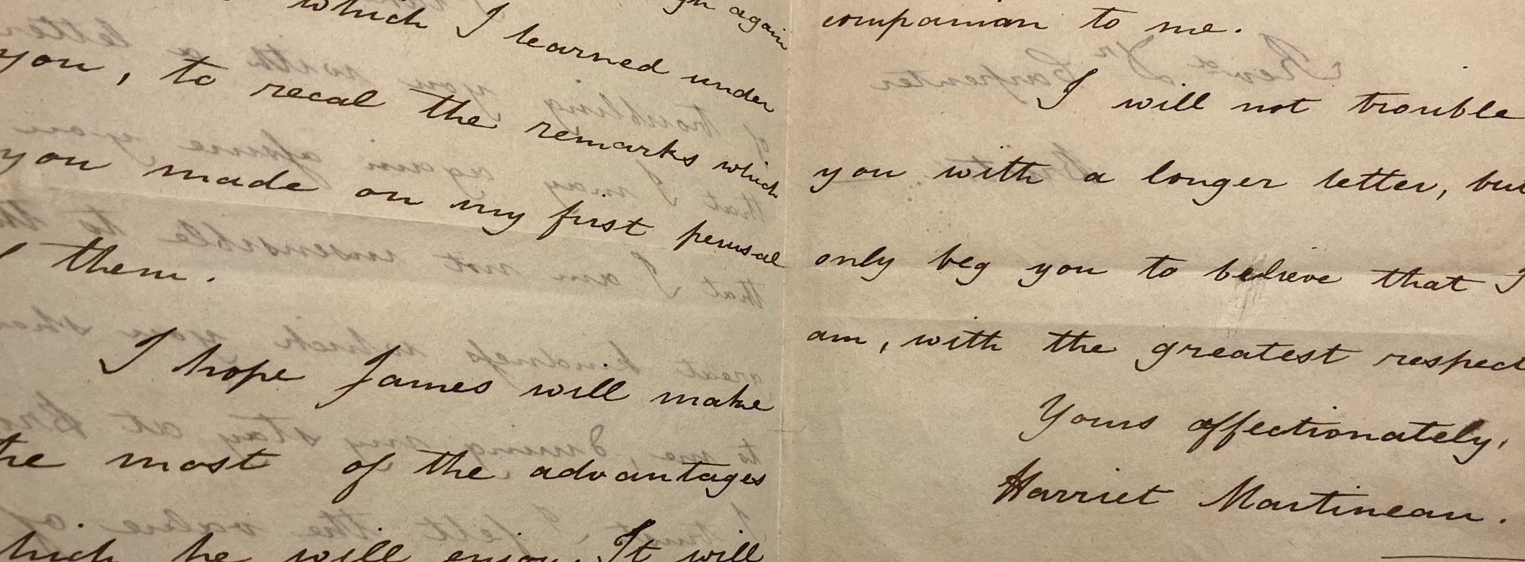 Close-up of a handwritten letter by Harriet Martineau