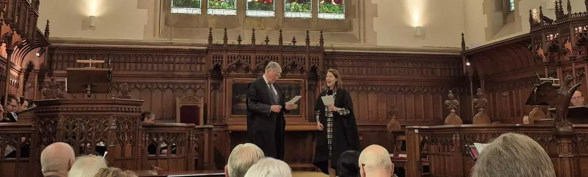 Sir Ralph Waller KBE with Beth Breeze OBE in the College's chapel during the conferral ceremony