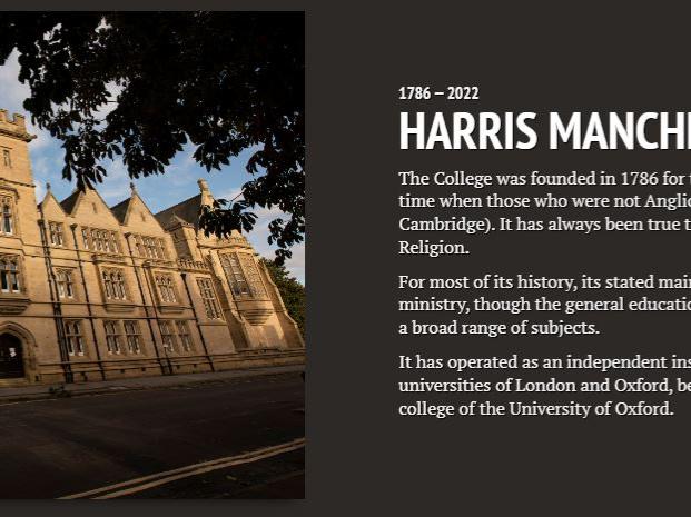 A screen shot of a webpage with a photograph of the college building on the left hand side with text on the right hand side.  The title says Harris Manchester College: a journey