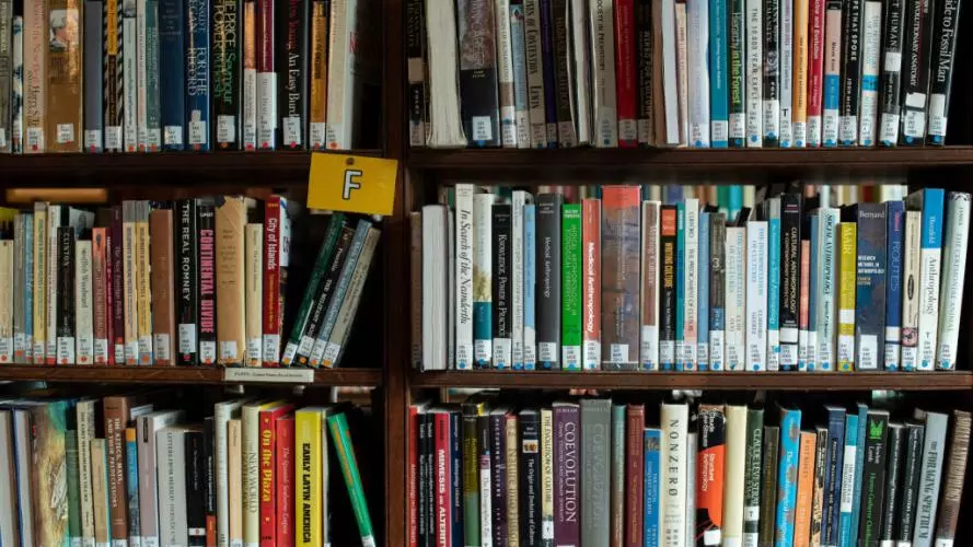 lots of books on library shelves 