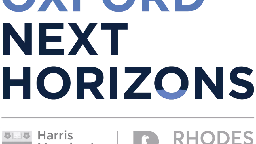 Logo for Oxford Next Horizons, with the Harris Manchester and Rhodes Trust logos below