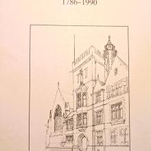 The cover of a pamphlet with a black and white line drawing of the College.  The title says Manchester College A short history 1786-1990