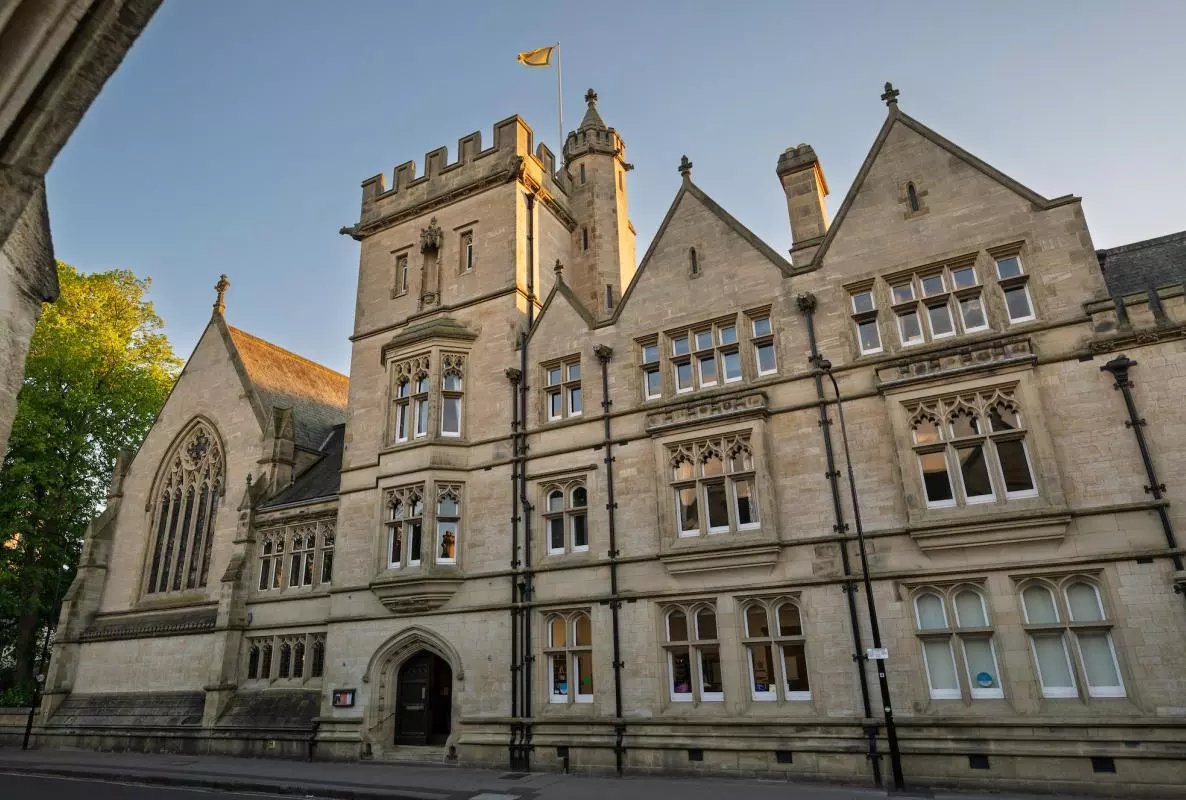 The front of the college in evening light