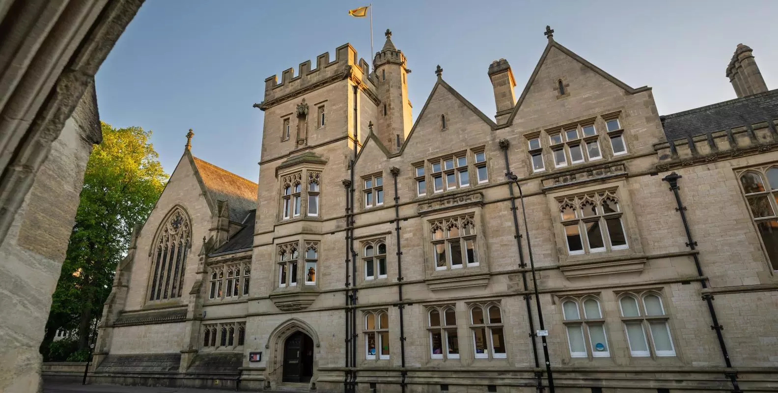 The front of the college in evening light