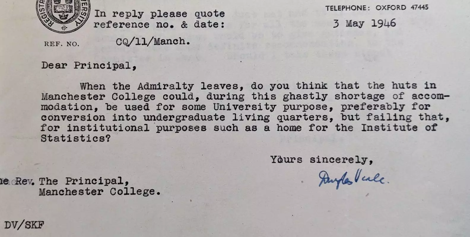 An official typed letter with the University Crest for the Registrar of the University in the top left corner
