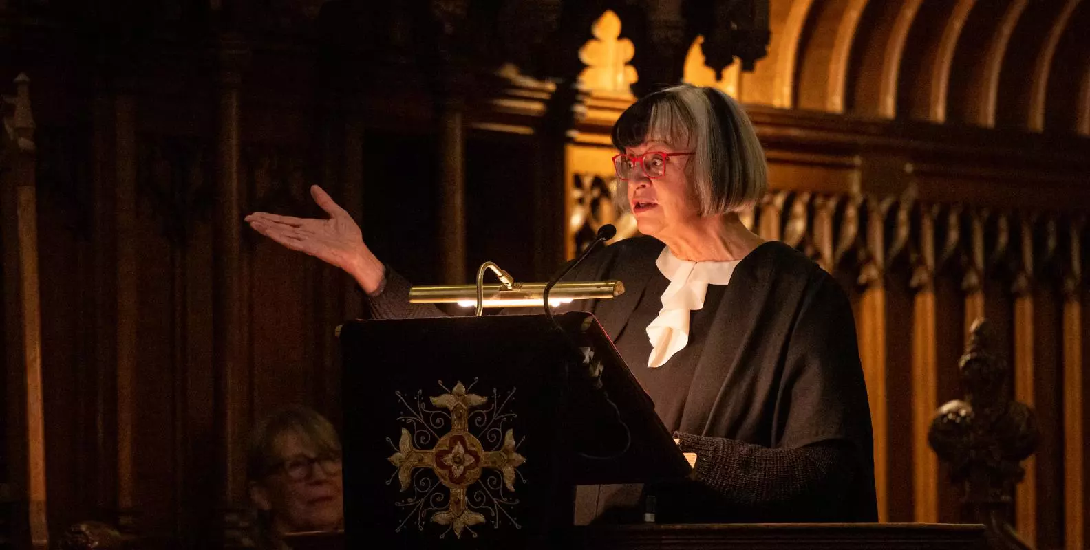 Philippa Perry delivering the sermon on the Sin of Pride