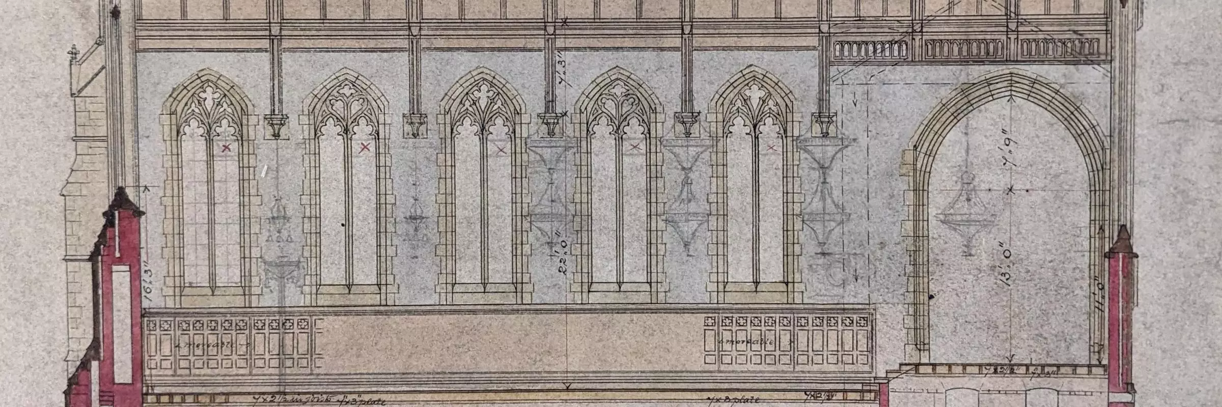 A cross section plan of the Chapel in colour
