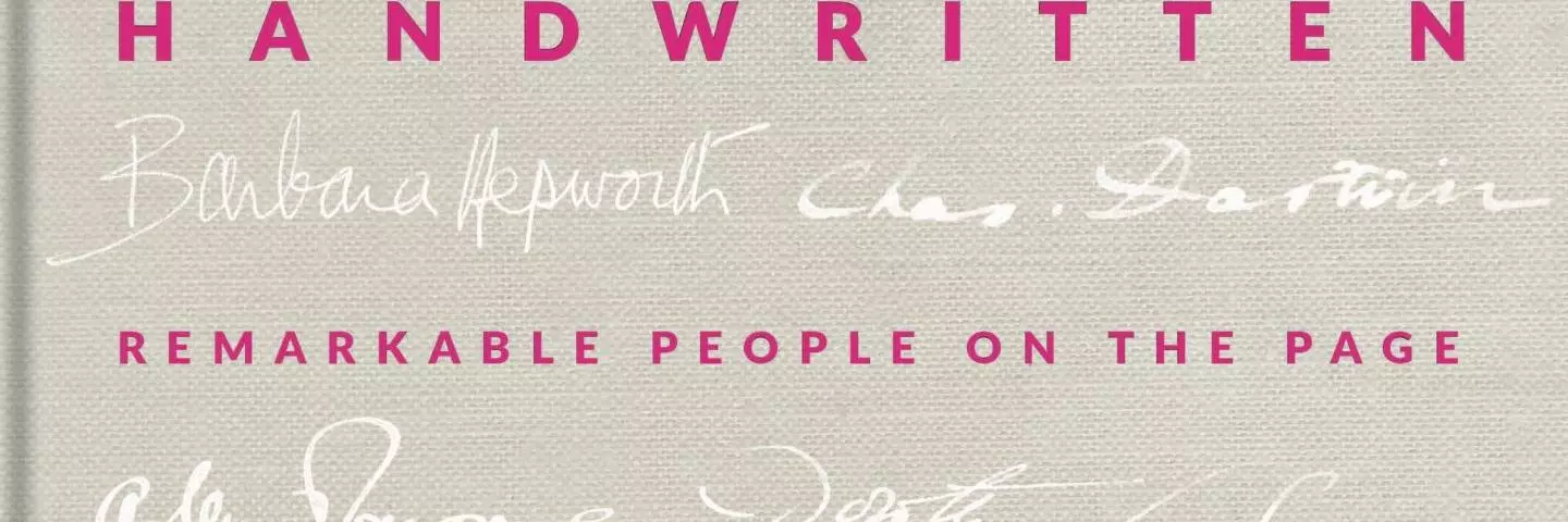 Image of the front cover of Handwritten: remarkable people on the page. The cover is light grey, with the signatures of famous writers picked out in white. 