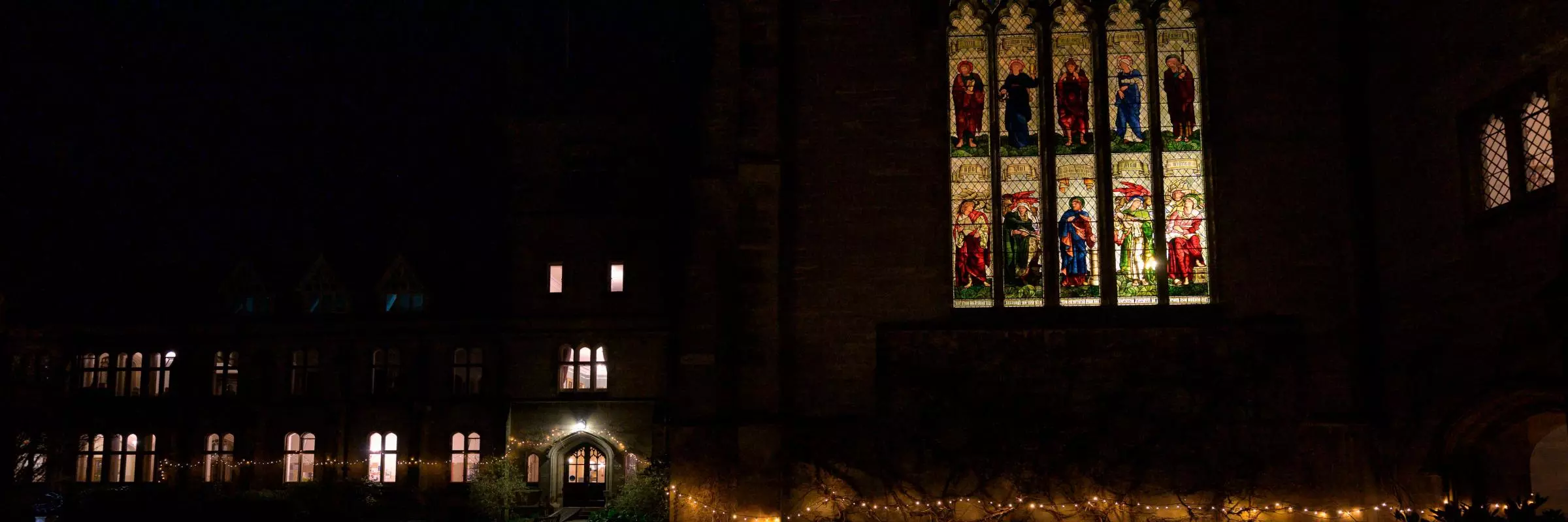 HMC Chapel stained glass windows viewed from outside
